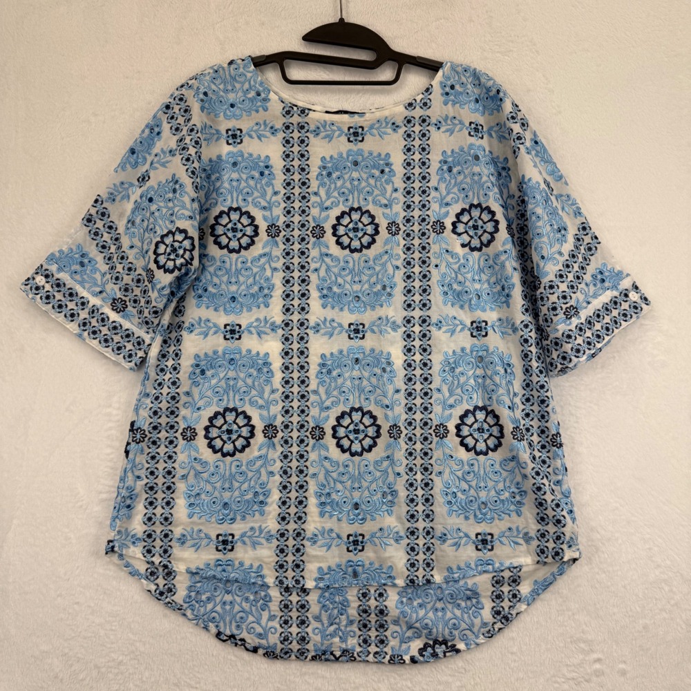 Boho Chic Embroidered Eyelet Tunic Top White Blue Floral Size S Small